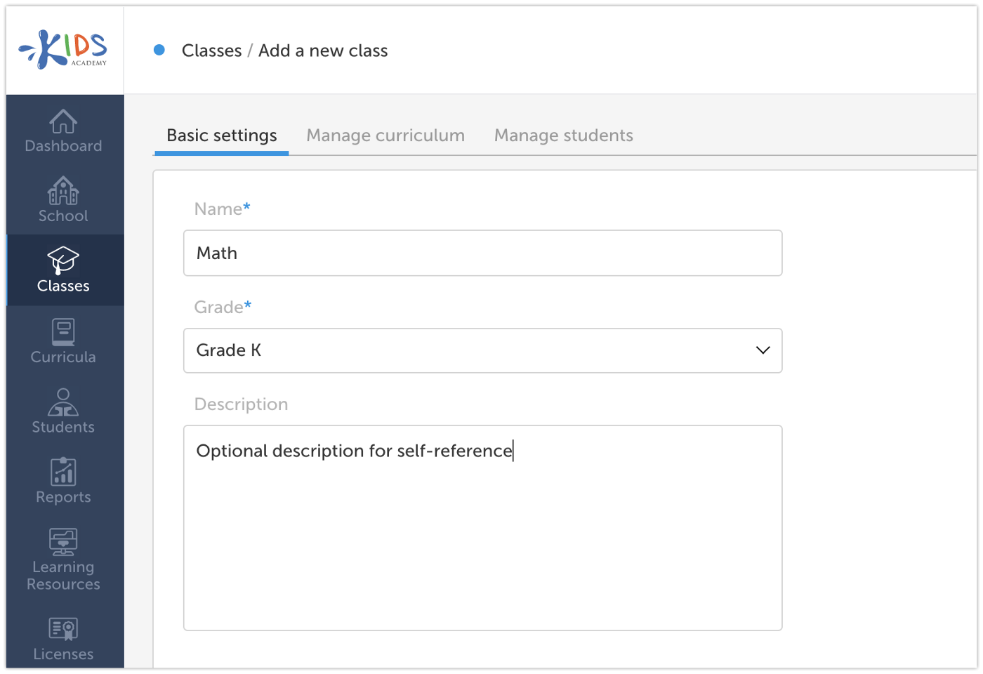 Class setup form