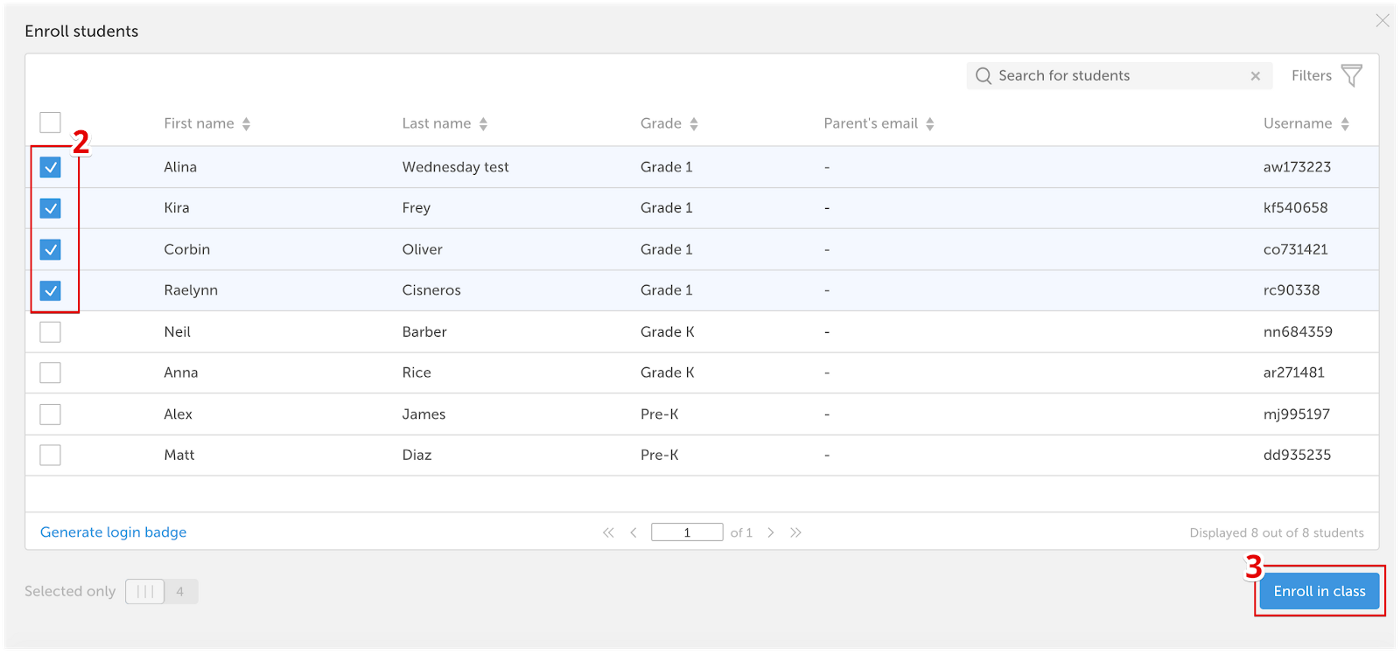 Student enrollment interface.