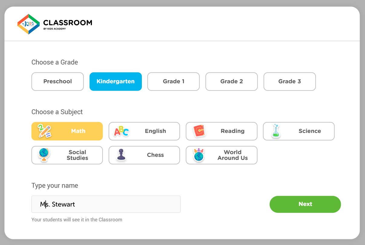 image of kids academy classroom start page