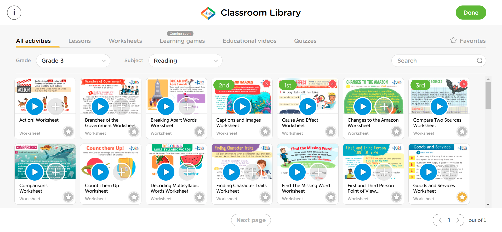 screenshot of kids academy classroom resource library