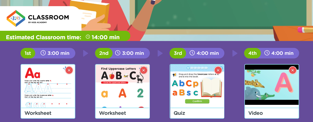 screenshort of estimated time indicators next to activities in classroom