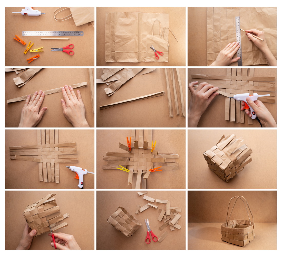 photos of step-by-stap diy process of making a paper basket
