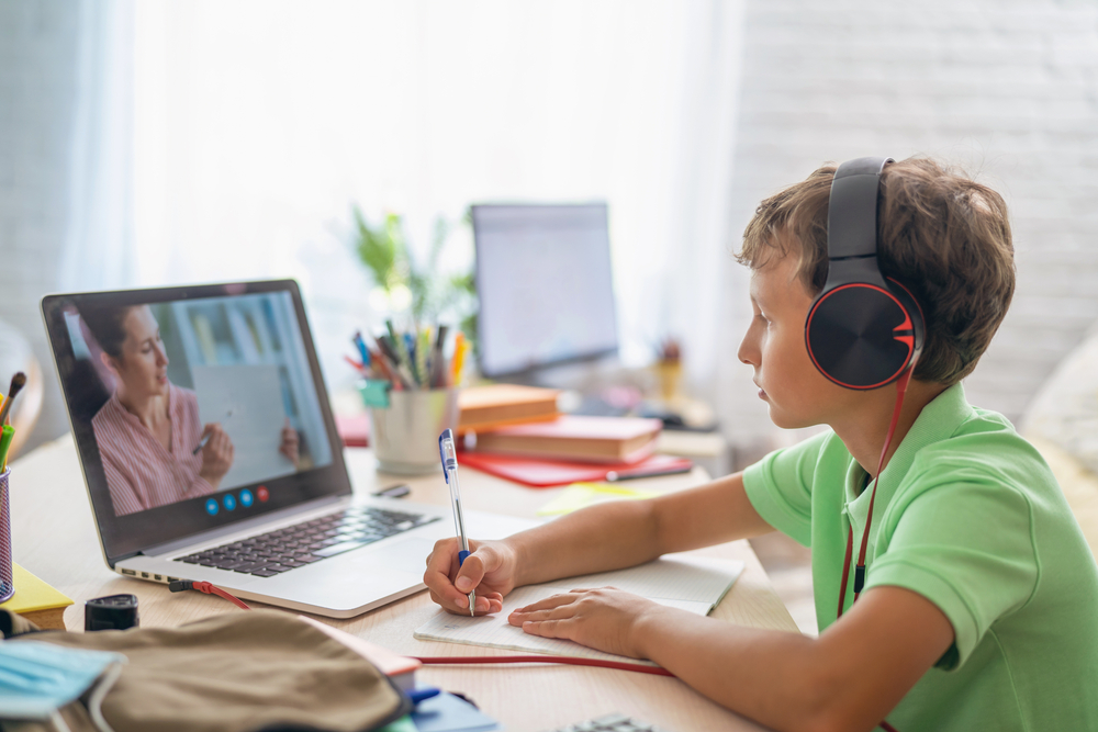 kid is talking on skype with a teacher