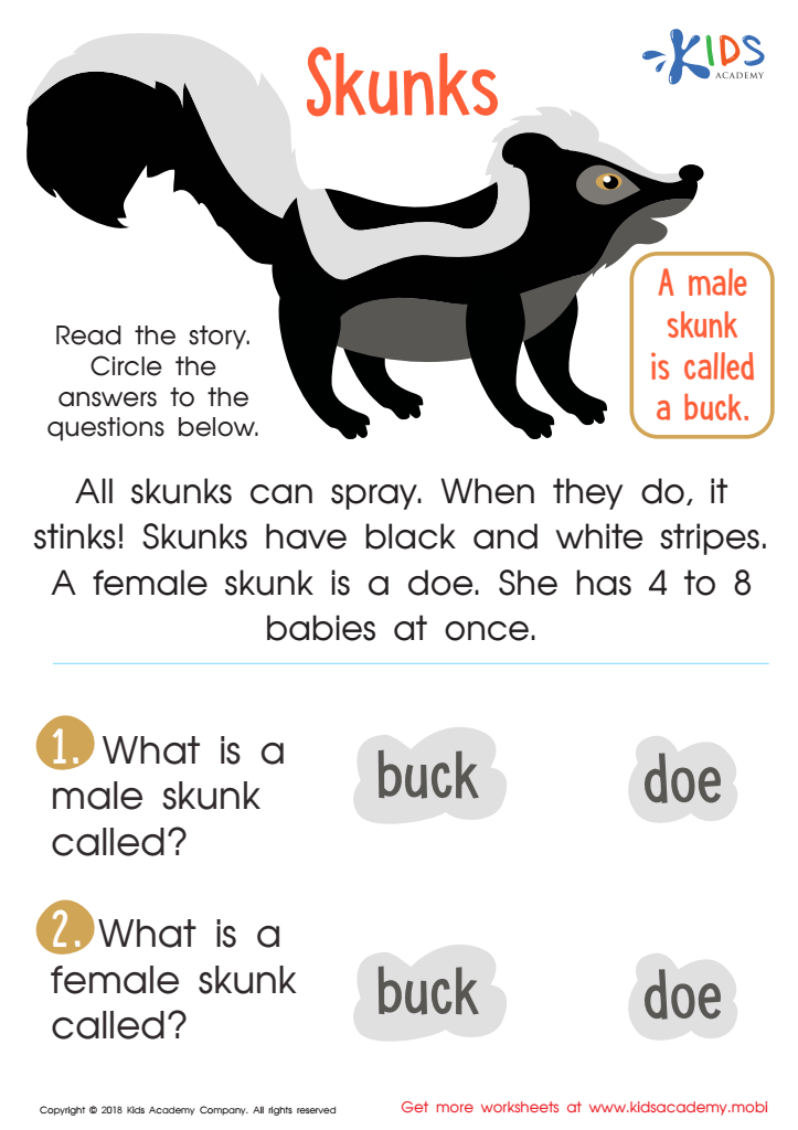worksheet on reading comprehension about skunks for grade 1