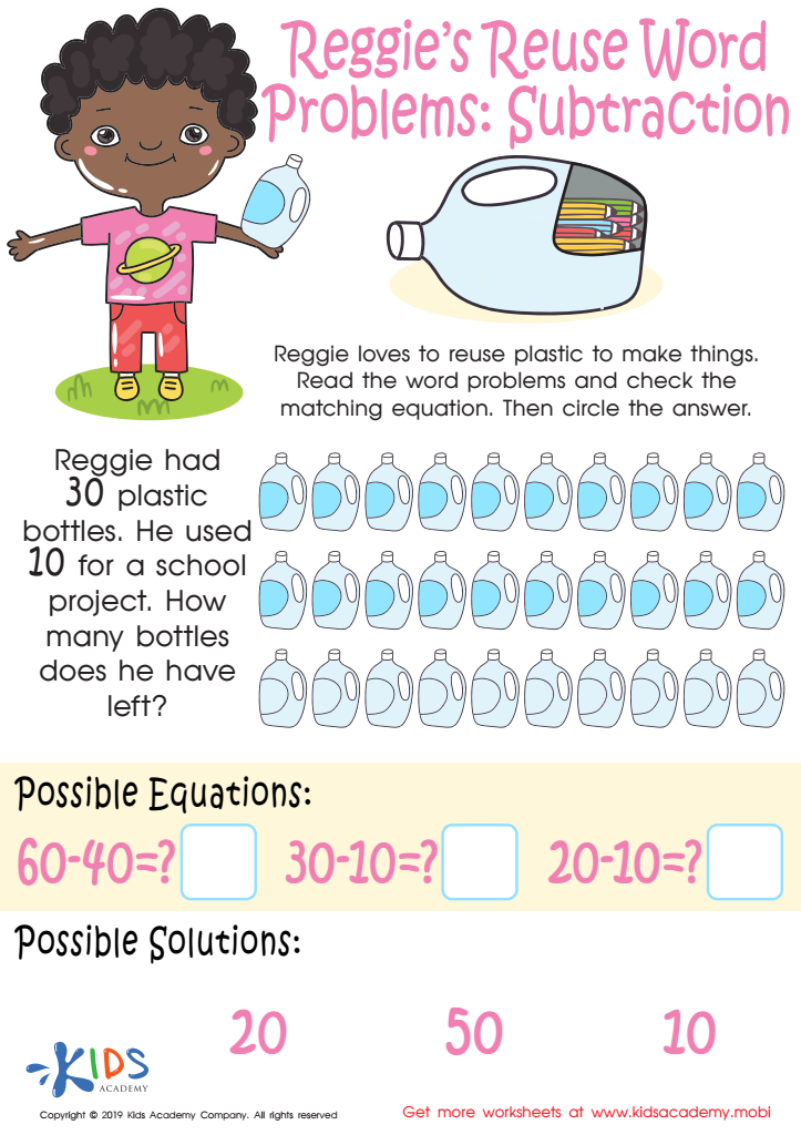 Image of the Reggie's Reuse Word Problems: Subtraction worksheet