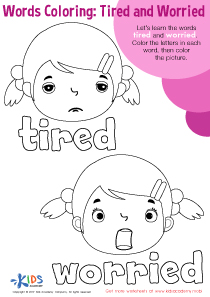 Tired and Worried Words Coloring Worksheet