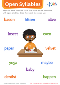 Open Syllables Worksheet