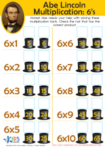 Abe Lincoln Multiplication: 6’s Worksheet