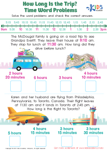How long is the Trip? Time Word Problems Worksheet