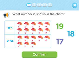 Add Tens and Ones to make 17, 18, and 19