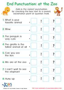 End punctuation worksheet: At the Zoo
