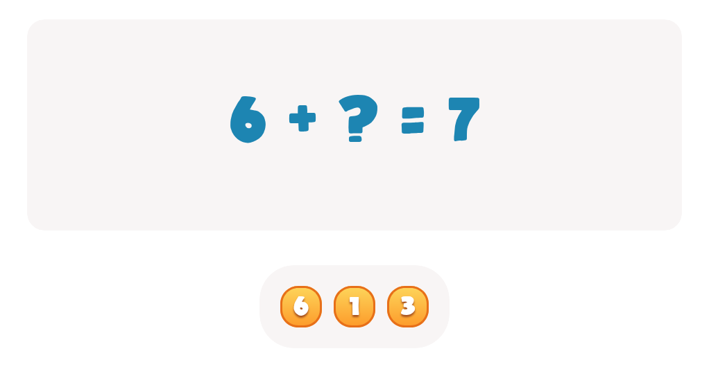 Addition Facts Worksheet: Find the Missing Addend for 6 + ? = 7