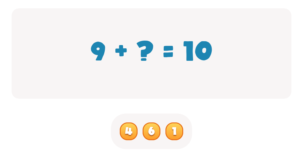 Addition Facts Worksheet: Find the Missing Addend for 9 + ? = 10