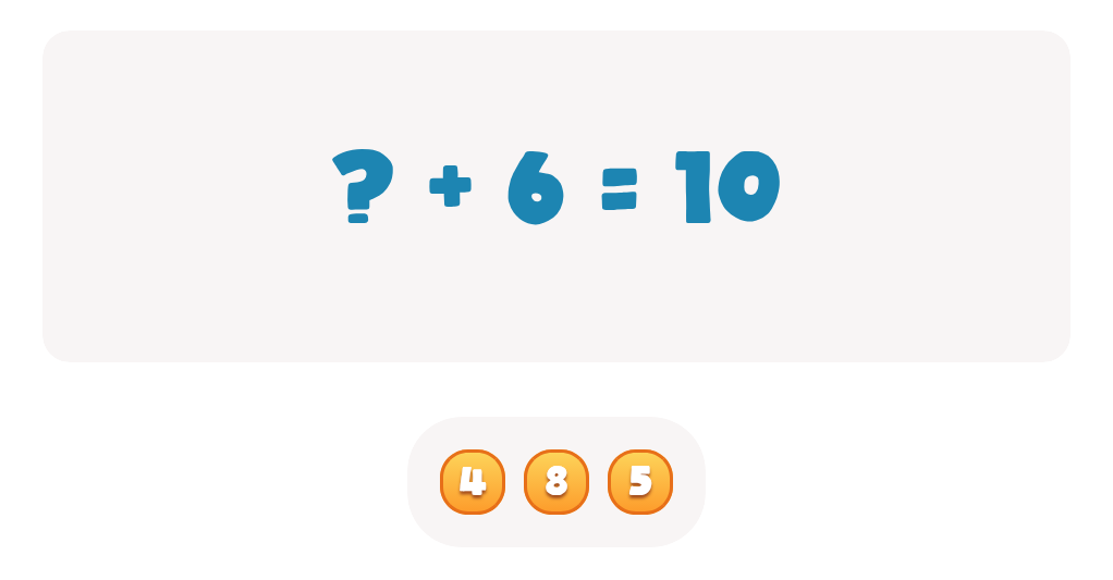Addition Facts Worksheet: Find the Missing Number in ? + 6 = 10
