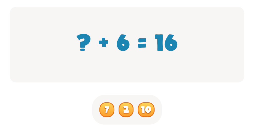 Addition Facts Worksheet: Find the Missing Number in ? + 6 = 16
