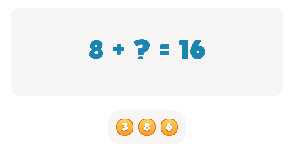 Choose the correct number to complete this doubles fact 8 + ? = 16 Worksheet