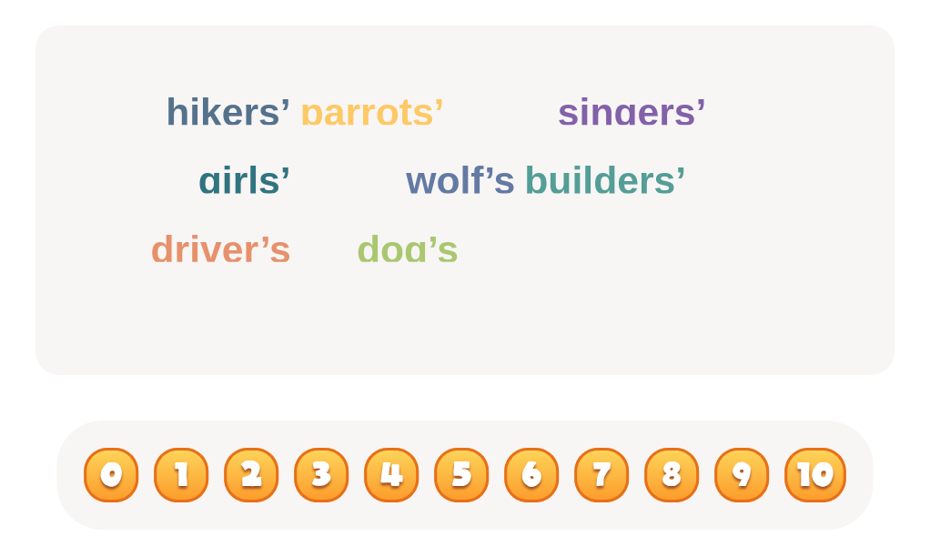 How many singular possessive nouns are hiding among the animals and people?
