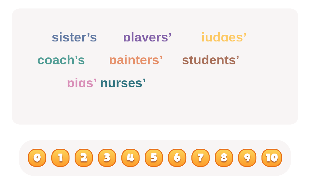 How many words show just one person or animal own something? Spot and click!
