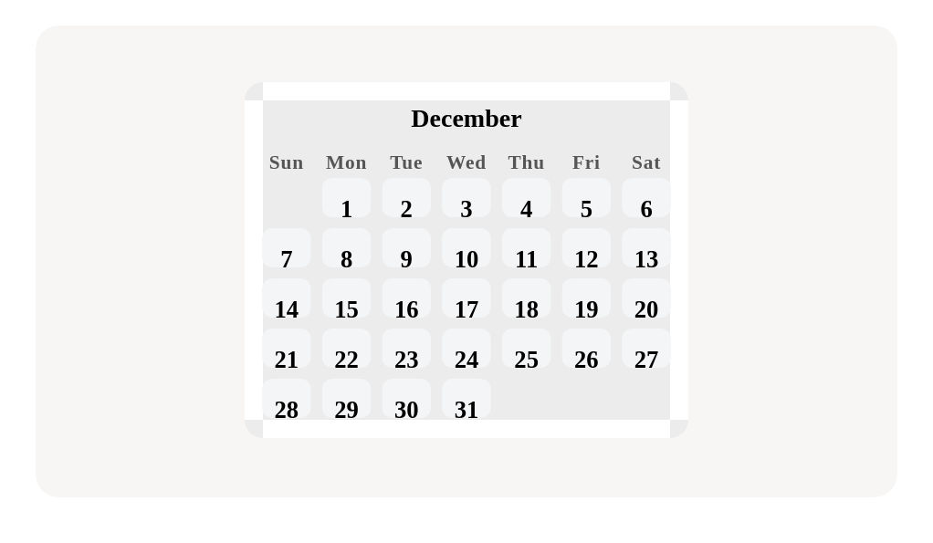 Pick out December 30 from this calendar page.