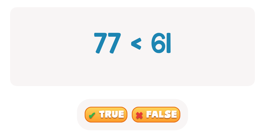 Practice Comparing Numbers up to 100: Choose True or False!