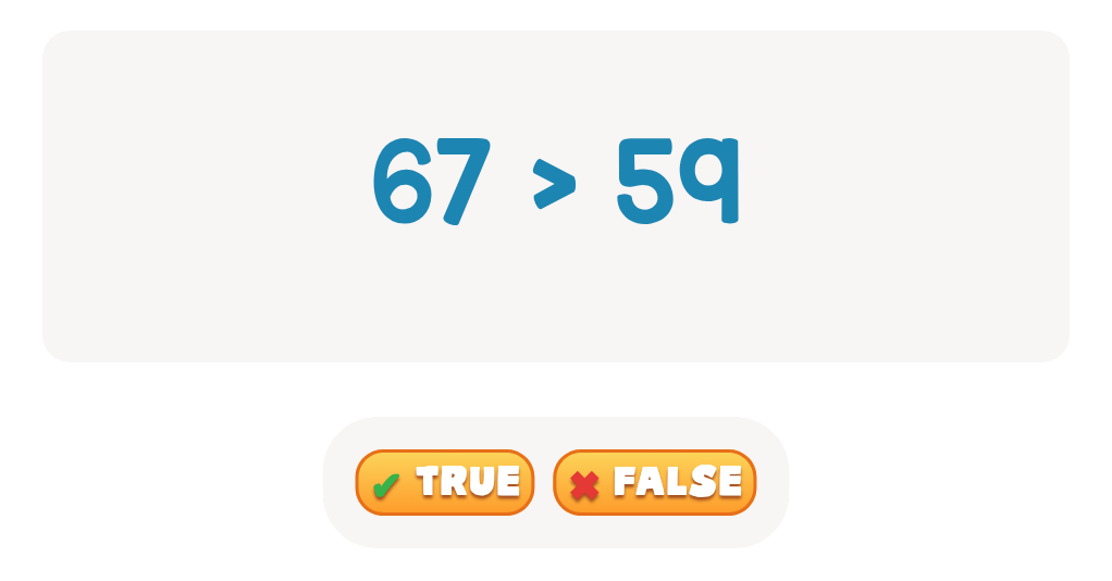 Practice Comparing Numbers up to 100: Choose True or False!