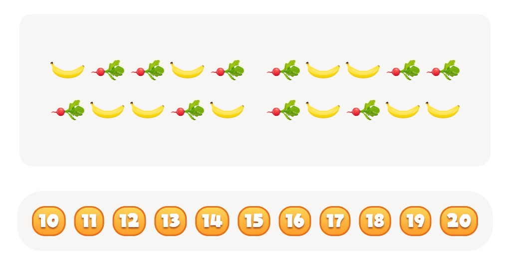 Sort and Count the fruits among the Bananas and Radishes in the pictures.