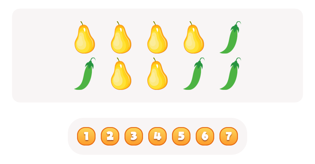 Sort and Count the fruits among the Pears and Pea pods in the pictures.