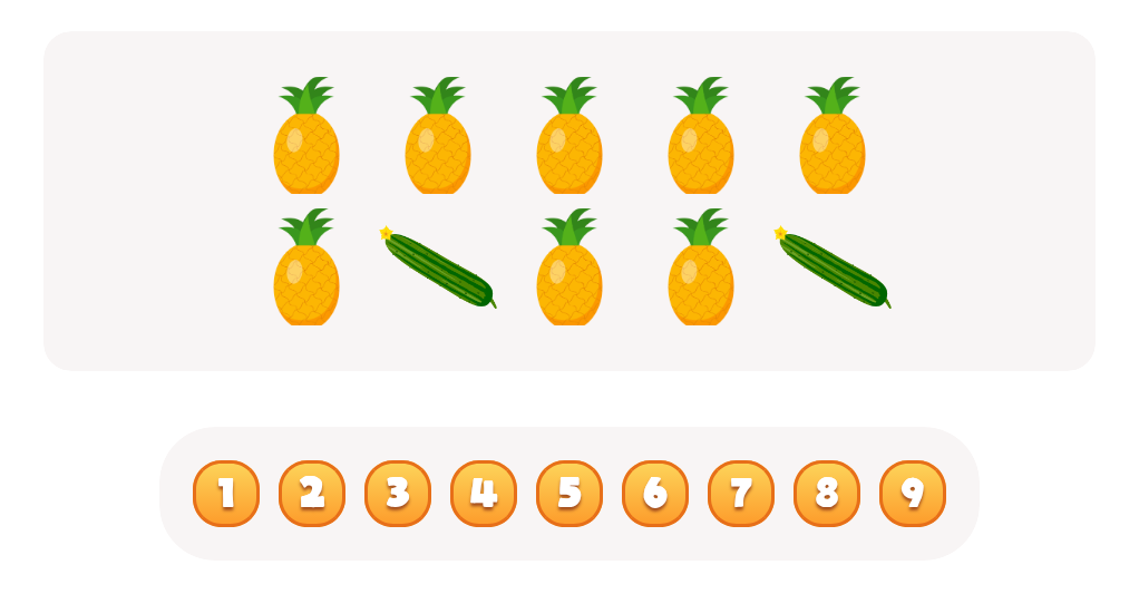 Sort and Count the fruits among the Pineapples and Cucumbers in the pictures.