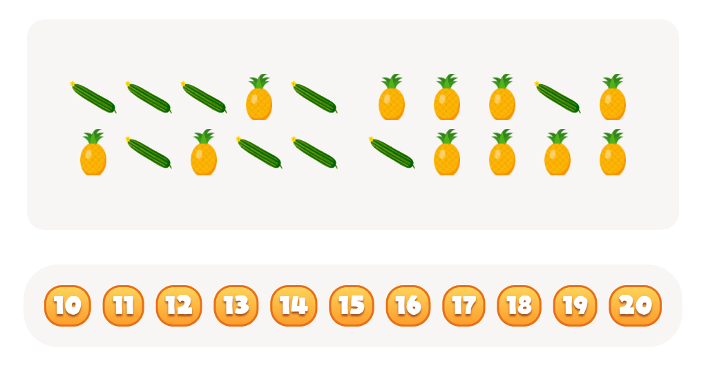 Sort and Count the fruits among the Pineapples and Cucumbers in the pictures.