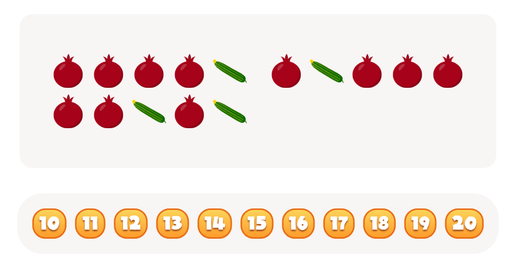 Sort and Count the fruits among the Pomegranates and Cucumbers in the pictures.