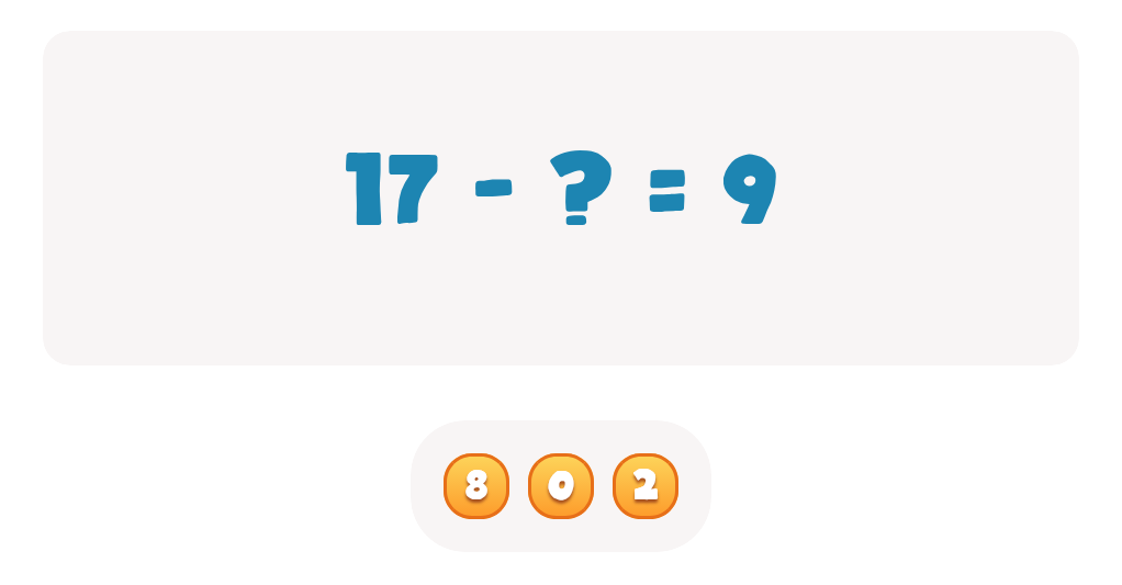 Subtraction Facts Worksheet: Find the Missing Number for 17 - ? = 9