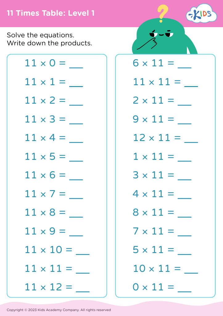 Free 11 Times Table Level 1 Worksheet For Kids
