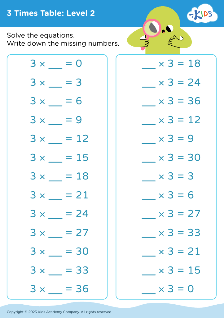 Free 3 Times Table: Level 2 worksheet for Kids