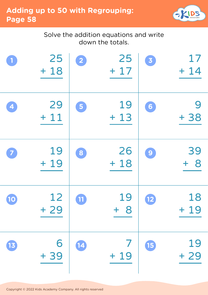 Adding Up To 50 With Regrouping Worksheet Page 58