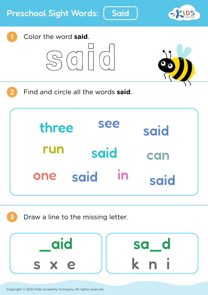 Sight Word Said Worksheet Free