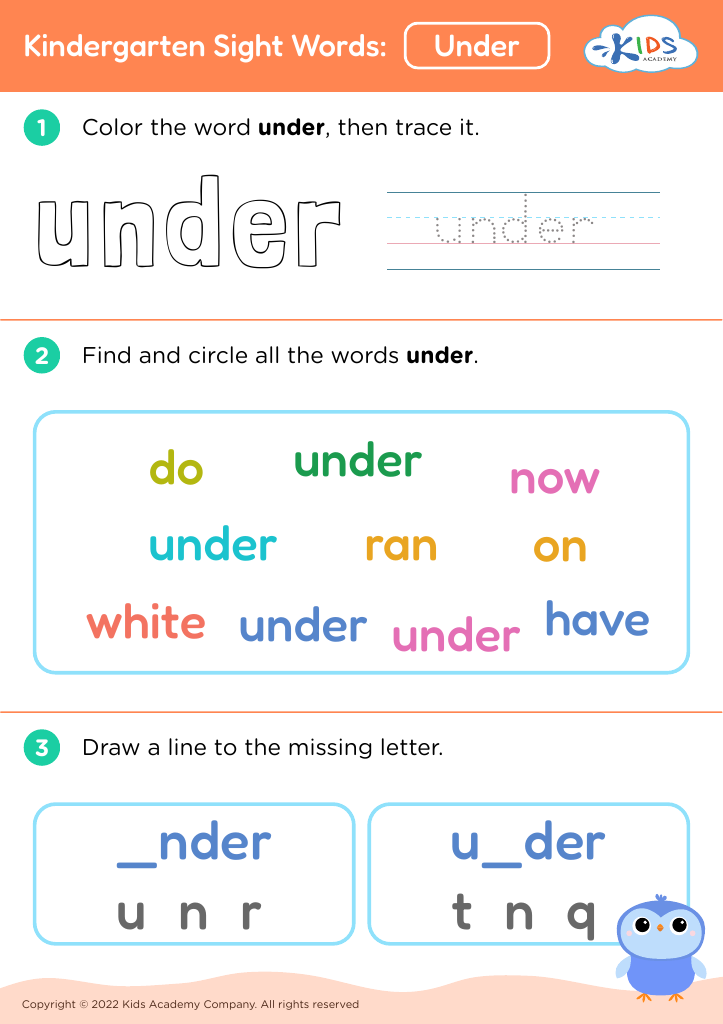 Kindergarten Sight Words: Under