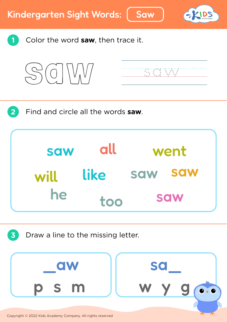 Kindergarten Sight Words: Saw