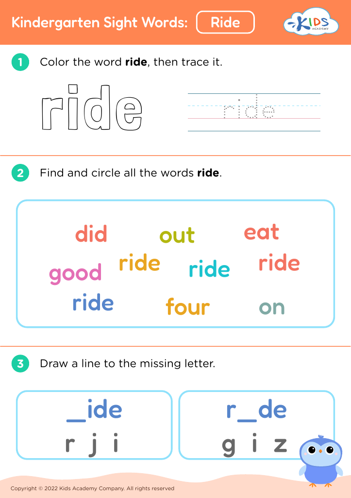 Kindergarten Sight Words: Ride
