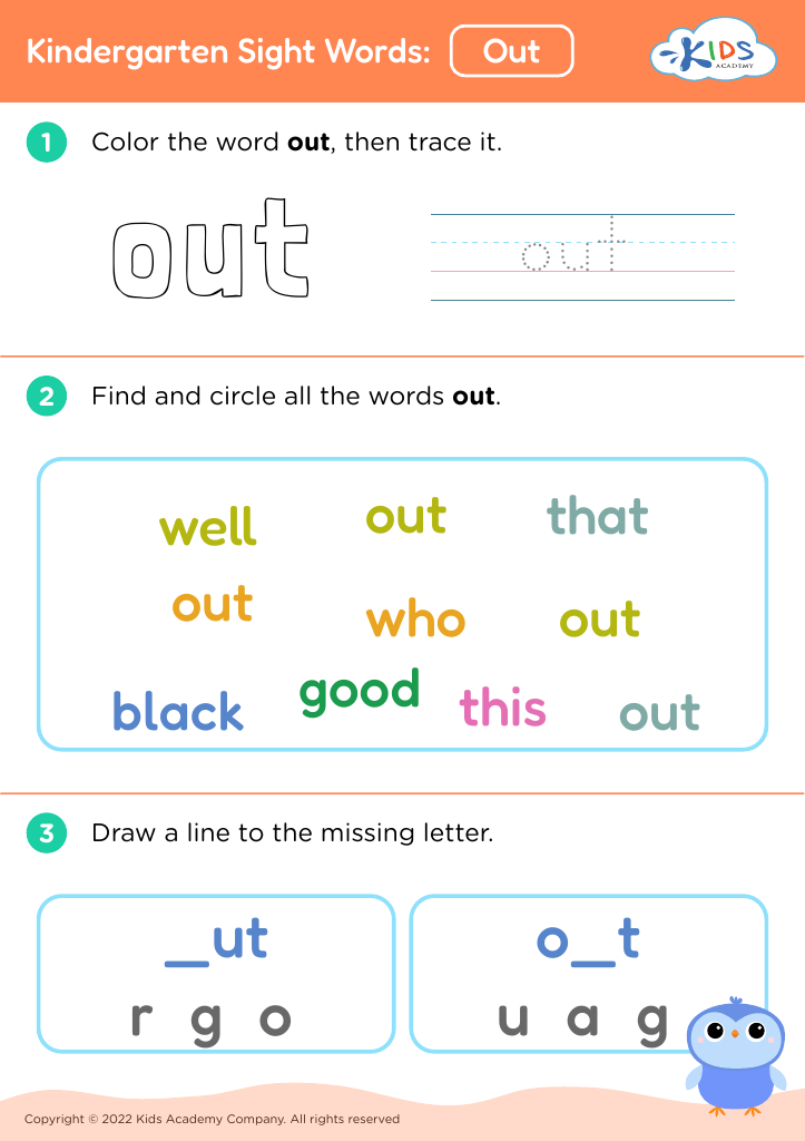 Free Kindergarten Sight Words: Out worksheet for Kids
