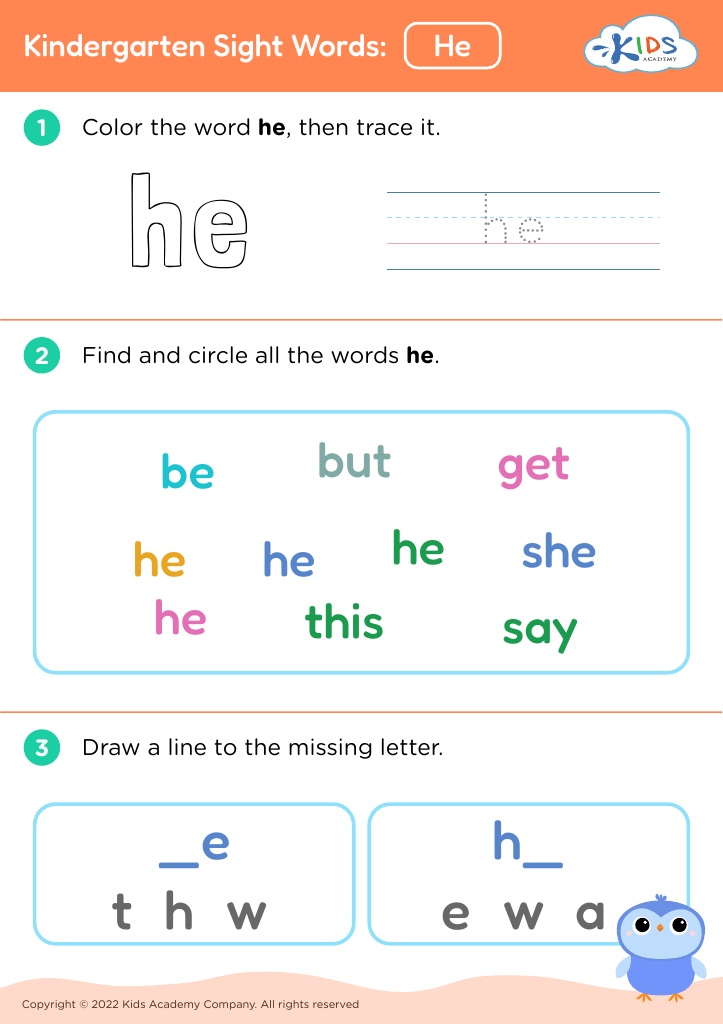 Free Kindergarten Sight Words: He worksheet for Kids