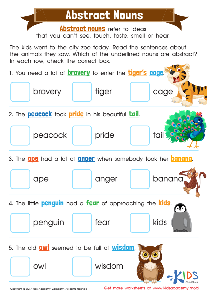 abstract nouns worksheet free printable pdf for kids