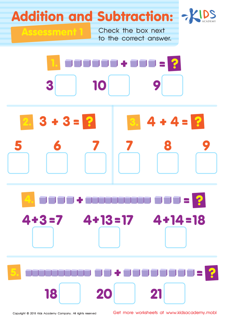 Addition and Subtraction Assessment 1 Worksheet