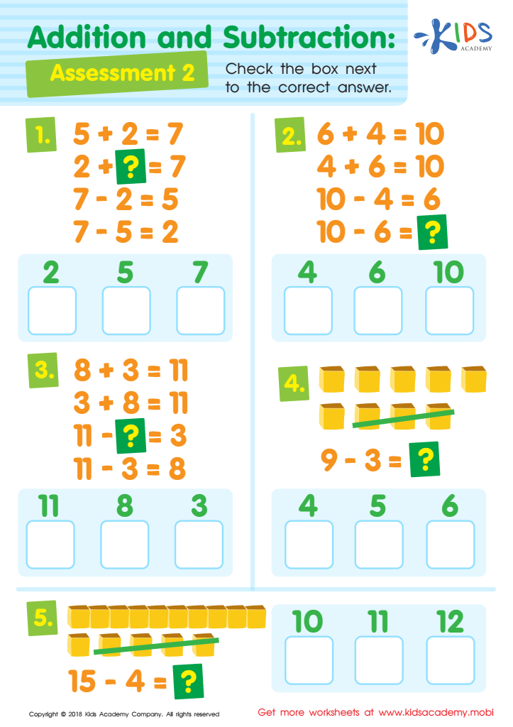Addition and Subtraction Assessment 2 Worksheet