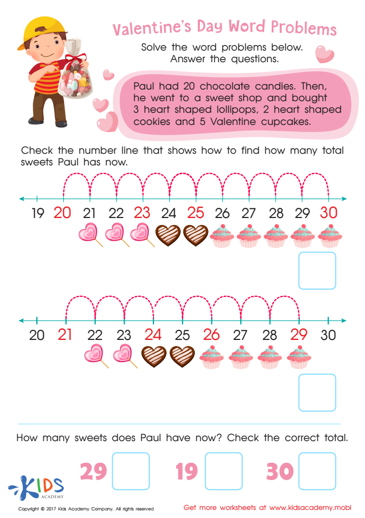 Valentine’s Day word problem PDF worksheet
