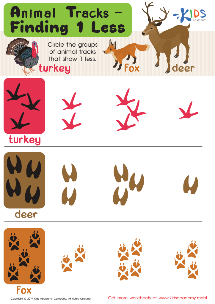 Animal Tracks: Find 1 Less Worksheet for kids