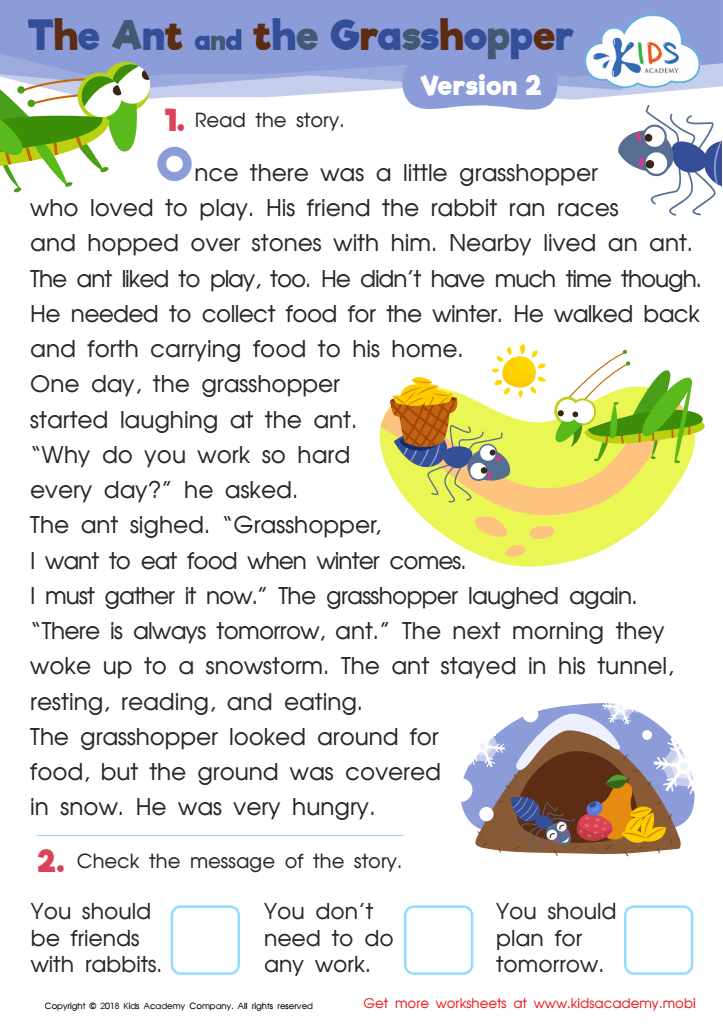 The Ant and The Grasshopper Version 2 Worksheet