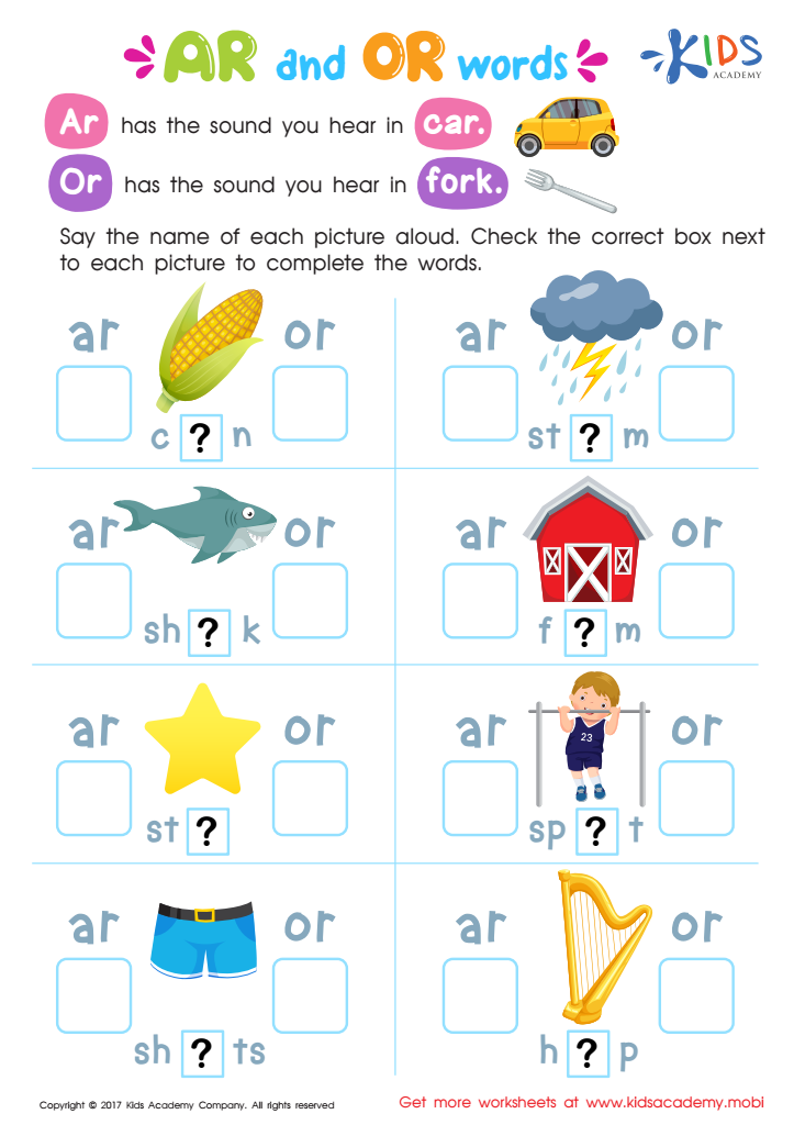 Ar and or words phonics worksheet