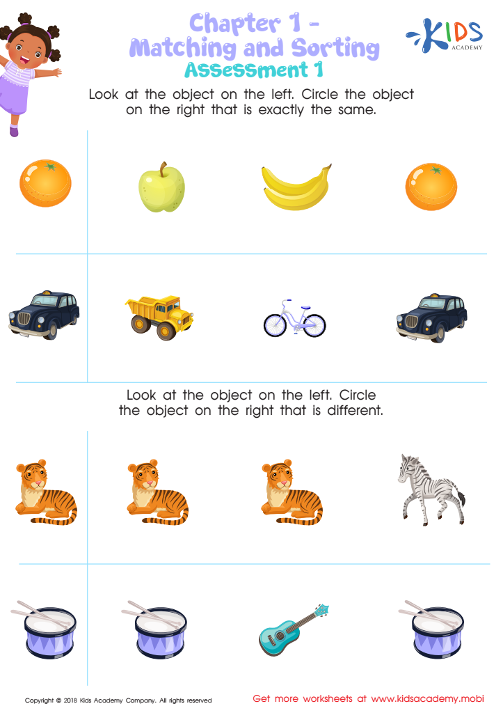 Matching and Sorting for Preschool: Assessment 1 Worksheet