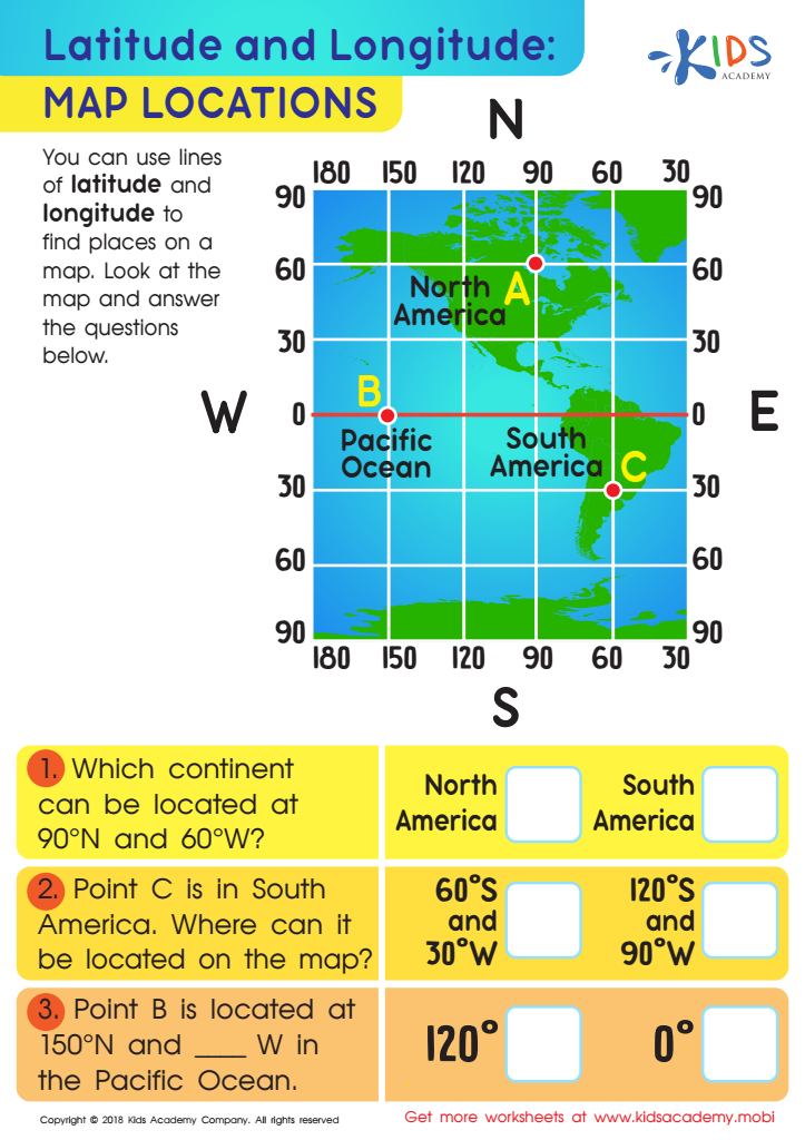 Latitude and Longitude: Map Locations Worksheet for kids