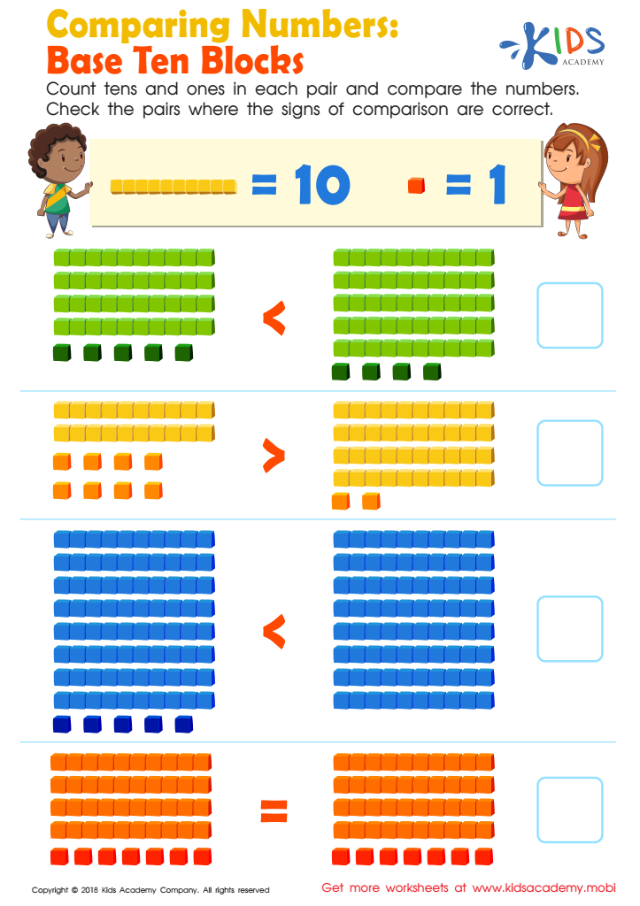 Comparing Numbers Base Ten Blocks Worksheet, Free Printable PDF for Kids